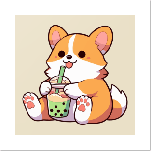 cute chubby corgi drink green tea boba Posters and Art